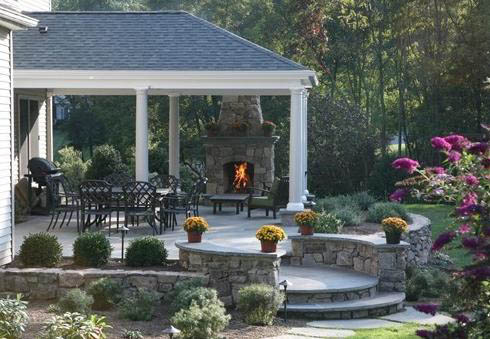 Backyard landscape design with patio and fireplace