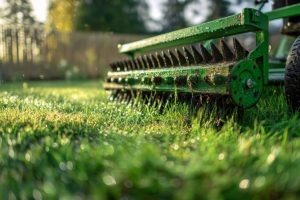 A vibrant green tool penetrates a flourishing lawn, creating glistening moisture in warm morning rays, with a soft-focus natural backdrop and faint tire markings.